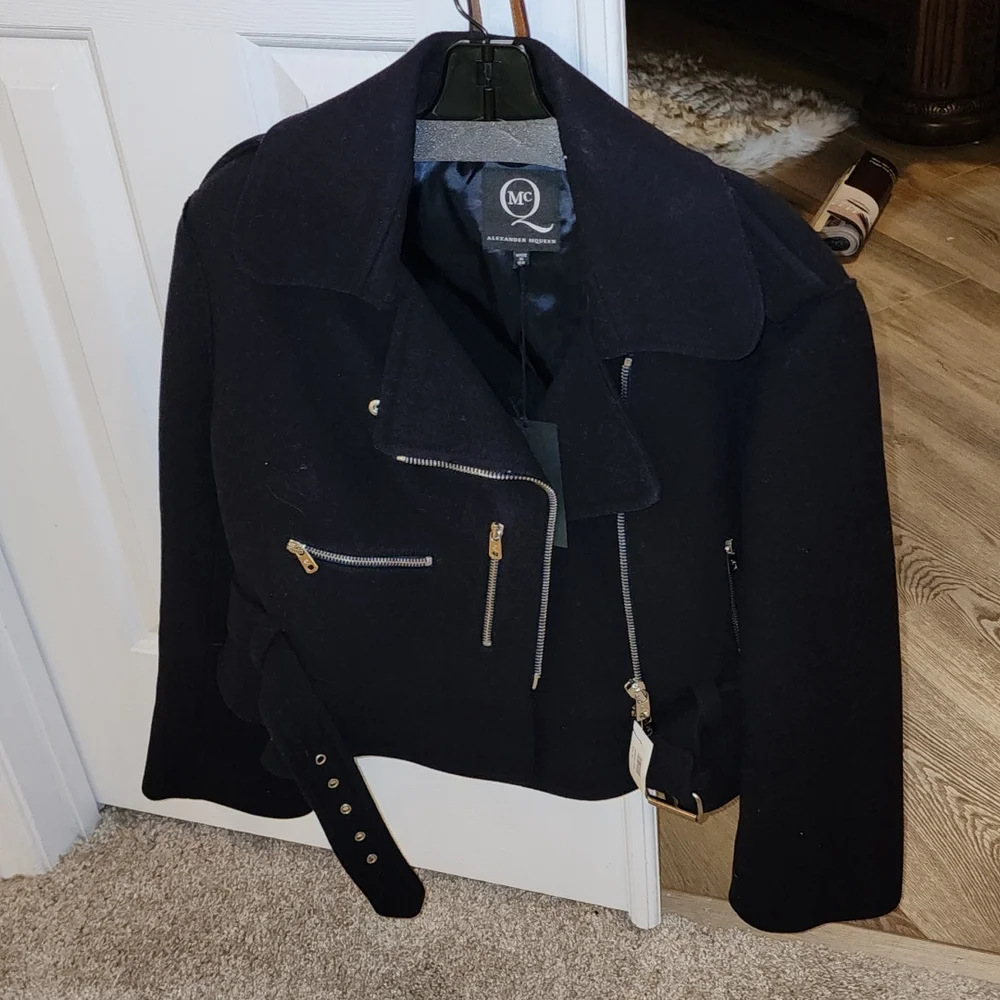 ALEXANDER MCQUEEN NWT MCQ NAVY WOOL STRUCTURED PEPLUM MOTO LINED PEA COAT … - Picture 12 of 12